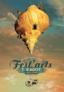 Affiche de Fest'arts 2014. Fond de ciel aux teintes bleu et orange avec au centre la carapace d'un bernard-l'ermite jaune. EN dessous, Fets'arts inscrit en bleu