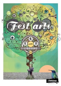 Affiche Fest'arts 2023. Fond dans les teinte verte avec au centre un arbre mécanique. EN bas à droite, un colibri dans un couché de soleil. Au centre de l'affiche, Fets'arts est inscrit en blanc.